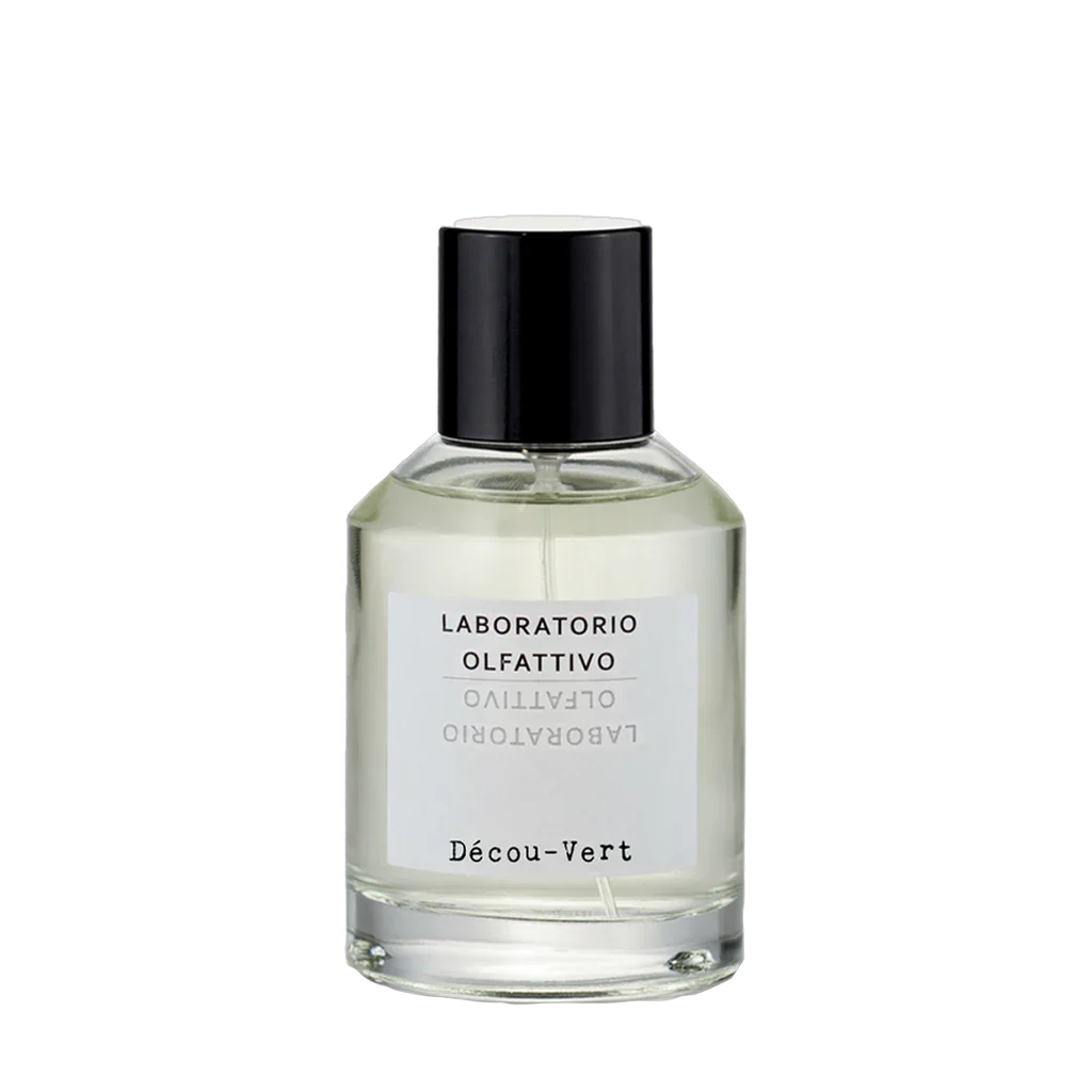 Parfümflasche "Décou-Vert" von Laboratorio Olfattivo, transparent mit weißem Etikett und schwarzem Verschluss.
