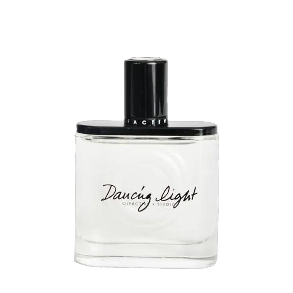 Parfümflakon "Dancing Light" von Olfactive Studio. Klare Glasflasche mit schwarzem Verschluss und schwarzer Aufschrift.