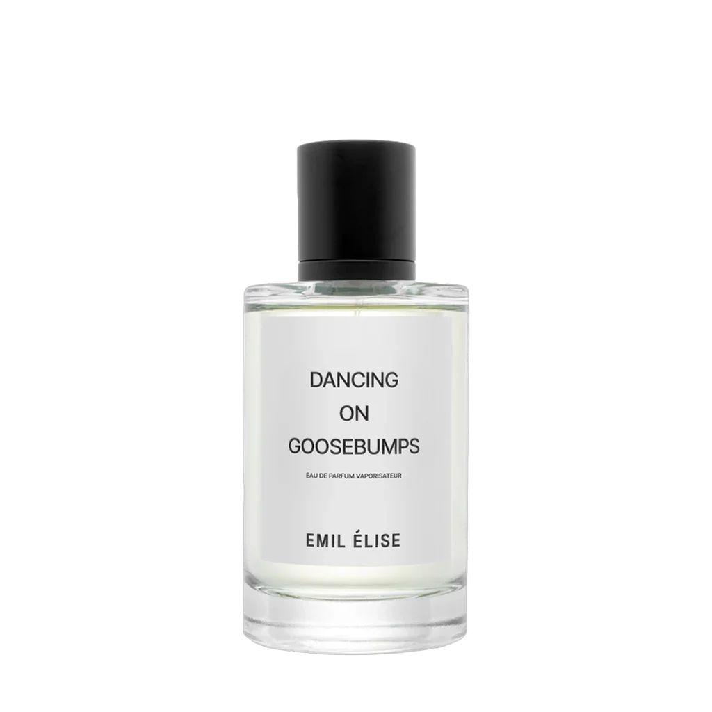 Glasflakon mit schwarzem Verschluss, beschriftet mit "Dancing on Goosebumps" und "Emil Élise".
