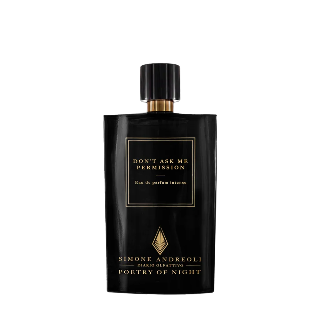 Schwarze Parfümflasche von Simone Andreoli mit goldener Schrift, "Don´t Ask me Permission" Titel auf Vorderseite.