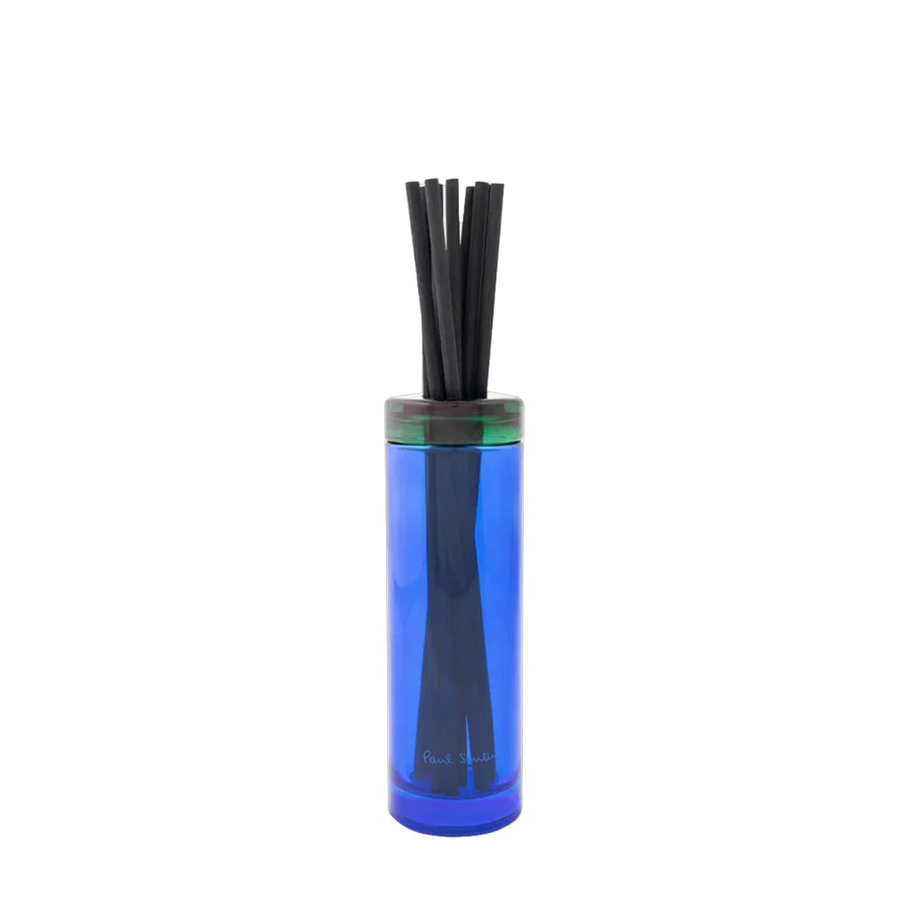 Blauer Diffuser mit schwarzen Stäbchen, "Early Bird Diffuser" von Paul Smith.