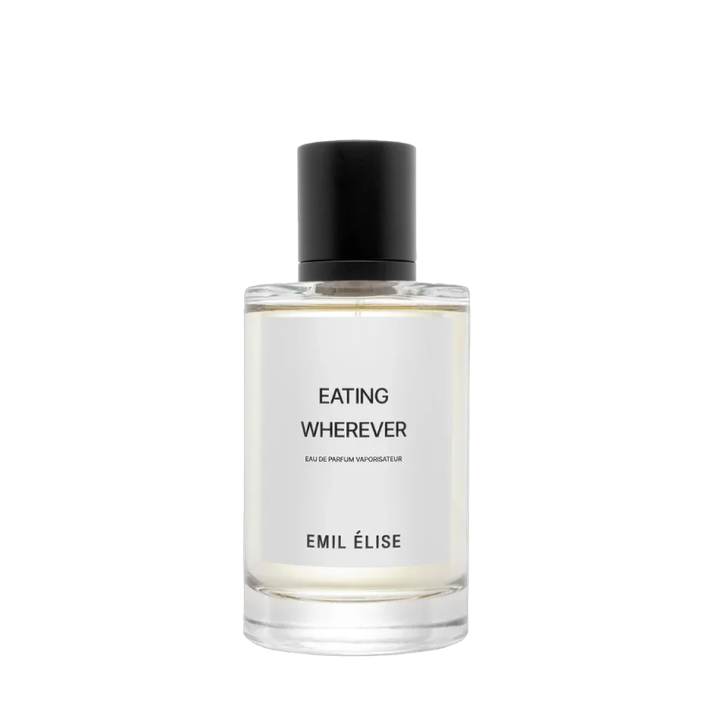 "Eating Wherever" von Emil Élise, ein transparenter Flakon mit schwarzem Verschluss, gefüllt mit hellgelber Flüssigkeit.