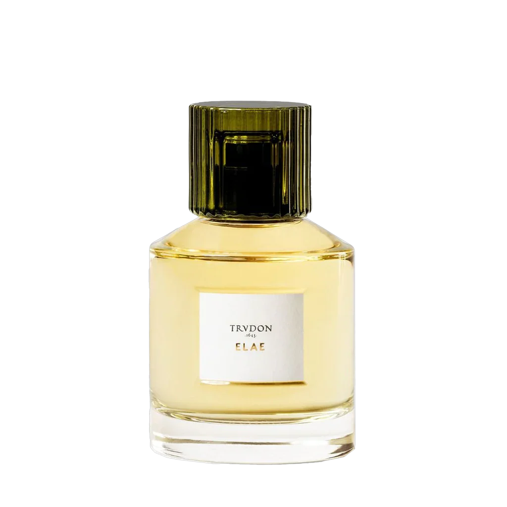 Parfümflakon mit gelblicher Flüssigkeit, beschriftet mit "Trudon ELAE". Der Flakon hat einen geriffelten, dunklen Verschluss. Präsentiert bei scent amor - Fachmann für die besten Nischenparfums