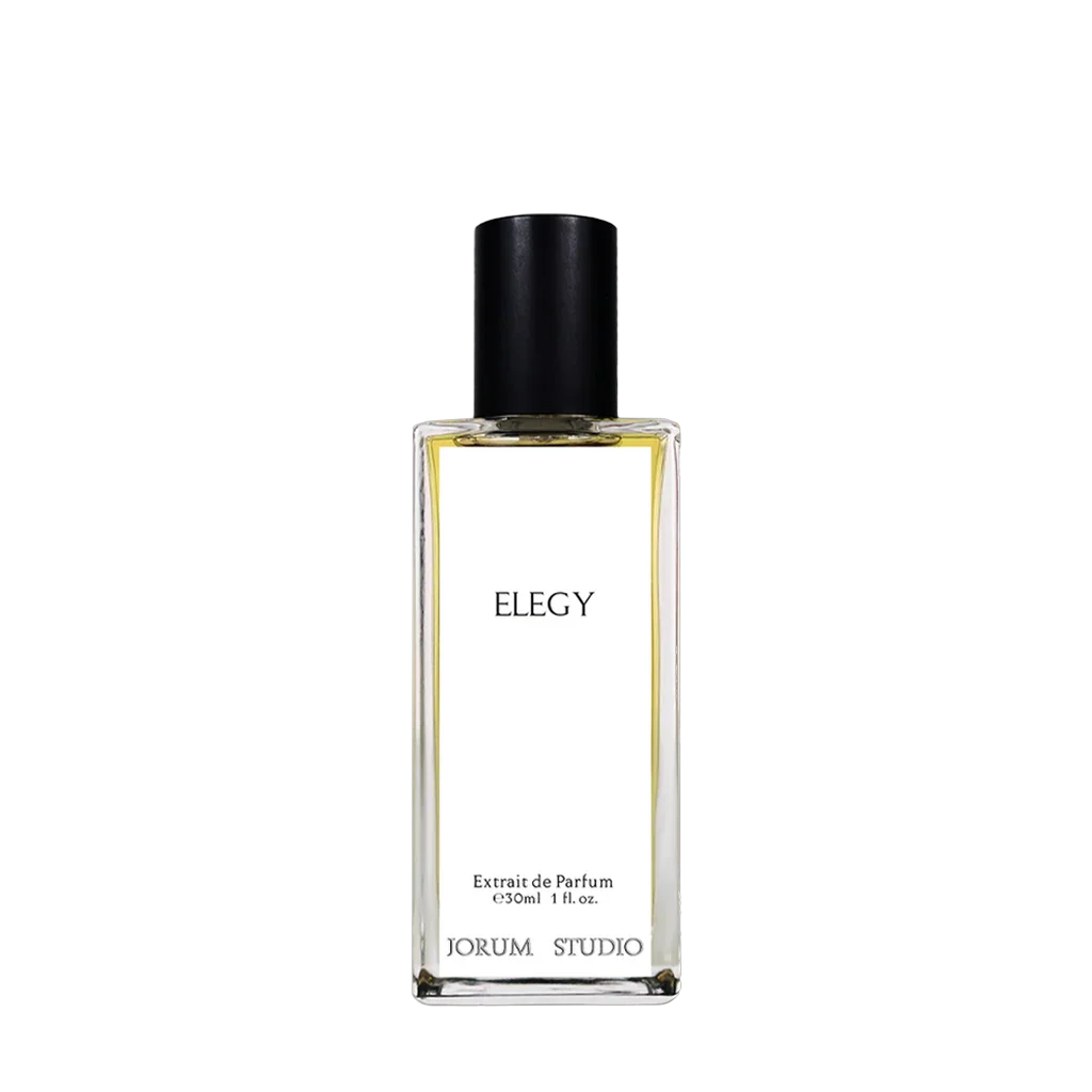 Flakon des Parfums "Elegy" von Jorum Studio, 30ml, mit schwarzem Deckel und transparentem rechteckigem Glasflakon.