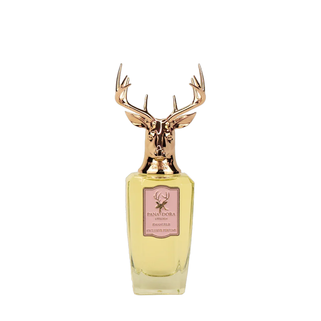 Parfümflakon „Emanuele“ von Pana Dora mit durchsichtiger Glasflasche und einem goldenen Hirschkopf als Verschluss.