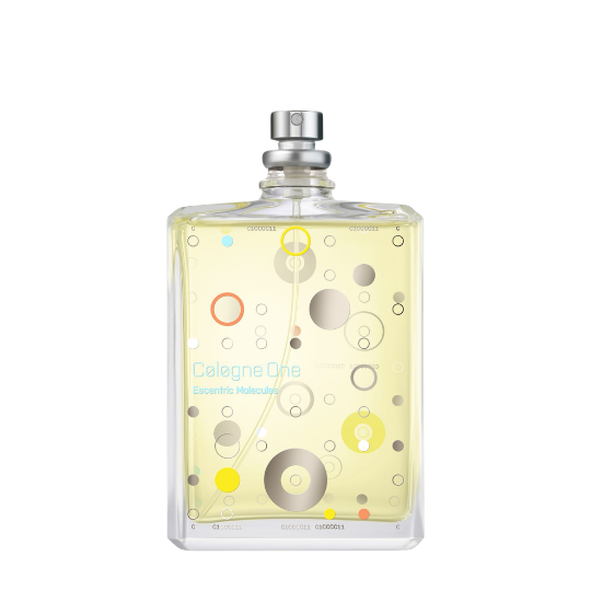 Escentric Molecules Cologne One Eau de Cologne, transparenter Flakon mit verspielten farbigen Kreiselementen, frischer moderner Duft, erhältlich bei scent amor.
