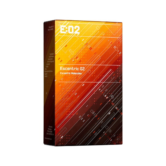 Escentric Molecules Escentric 02 Eau de Toilette mit Verpackung, Box in leuchtenden Orange- und Rottönen mit grafischem Muster, moderner Nischenduft, erhältlich bei scent amor.