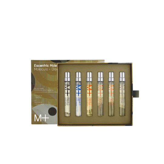 Escentric Molecules M+ Discovery Set Eau de Toilette, geöffnete Box mit mehreren Duftproben im schlanken Flakonformat, modernes Set zum Kennenlernen, erhältlich bei scent amor.