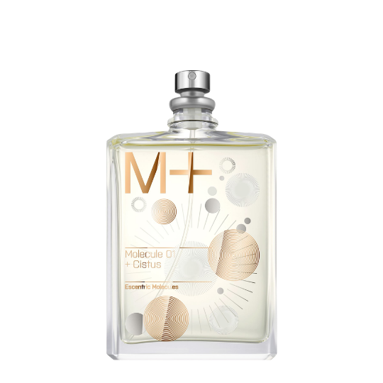 Escentric Molecules Molecule 01 + Cistus Eau de Toilette, transparenter Flakon mit grafischem Muster in warmen und neutralen Tönen, minimalistisch und modern, erhältlich bei scent amor.