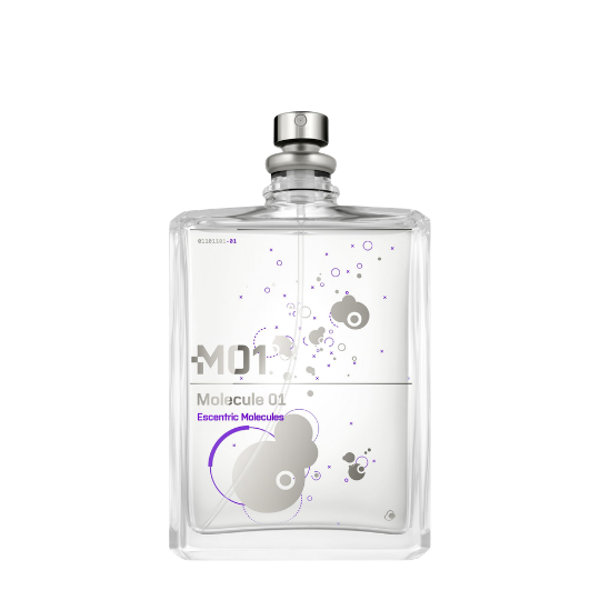 Escentric Molecules Molecule 01 Eau de Toilette, transparenter Flakon mit minimalistischem grafischem Design in Grau- und Lilatönen, moderner Nischenduft, erhältlich bei scent amor.