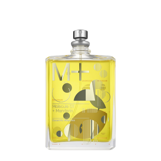 Escentric Molecules Molecule 01 + Mandarin Eau de Toilette, transparenter Flakon mit leuchtend gelben grafischen Elementen, frischer zitrischer Duft, erhältlich bei scent amor.