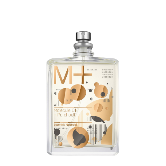 Escentric Molecules Molecule 01 + Patchouli Eau de Toilette, transparenter Flakon mit warmen grafischen Elementen in Braun- und Beigetönen, holziger Duft, erhältlich bei scent amor.