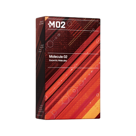 Escentric Molecules Molecule 02 Eau de Toilette mit Verpackung, Box in intensiven Rot- und Orangetönen mit grafischem Design, moderner Nischenduft, erhältlich bei scent amor.