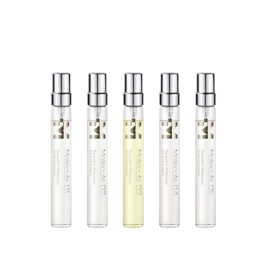 Escentric Molecules Molecule Discovery Set Eau de Toilette, fünf minimalistische Probenflakons der Molecule Reihe in klarem Design, erhältlich bei scent amor.