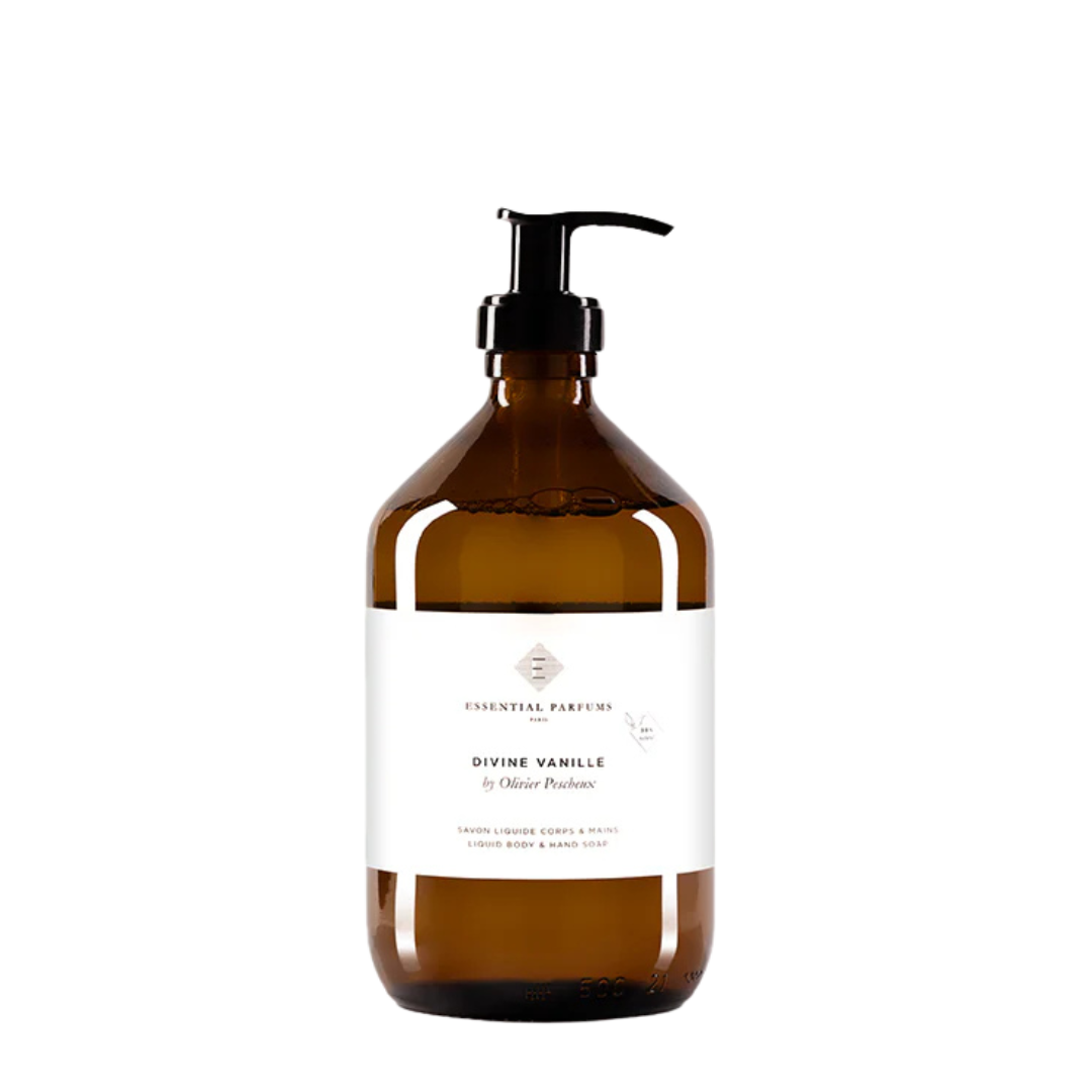 Essential Parfums Divine Vanille Liquid Hand & Body Soap by Olivier Pescheux, braune Pumpflasche mit minimalistischer weißer Etikettierung, sanft duftende Körper- und Handseife, erhältlich bei scent amor.