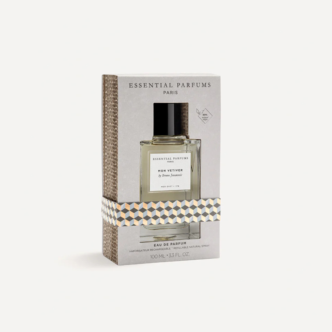 Essential Parfums Mon Vetiver Eau de Parfum by Bruno Jovanovic – Flakon mit Box, elegante Präsentation eines modernen Nischenparfums bei scent amor