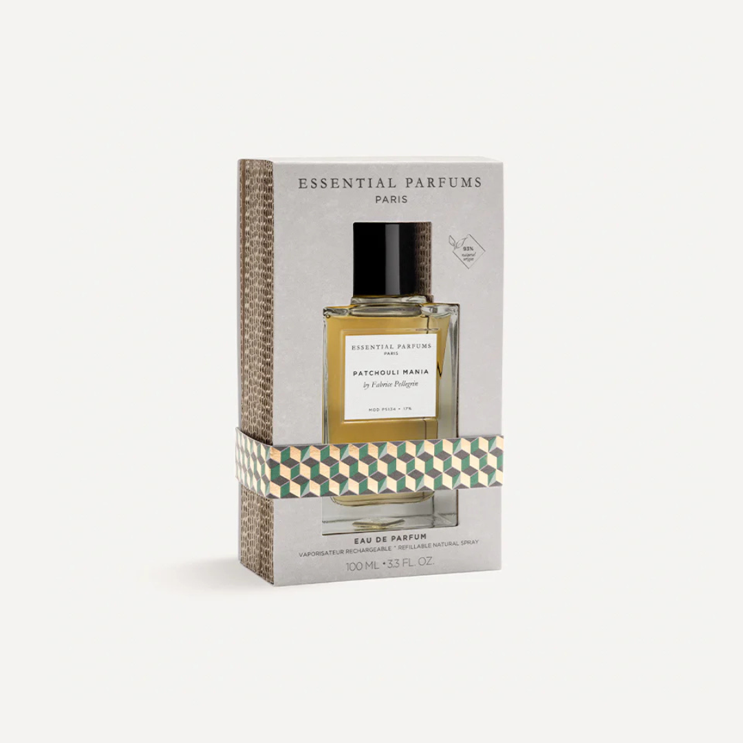 Essential Parfums Patchouli Mania Eau de Parfum by Fabrice Pellegrin – Flakon mit Box, elegante Präsentation eines modernen Nischenparfums bei scent amor