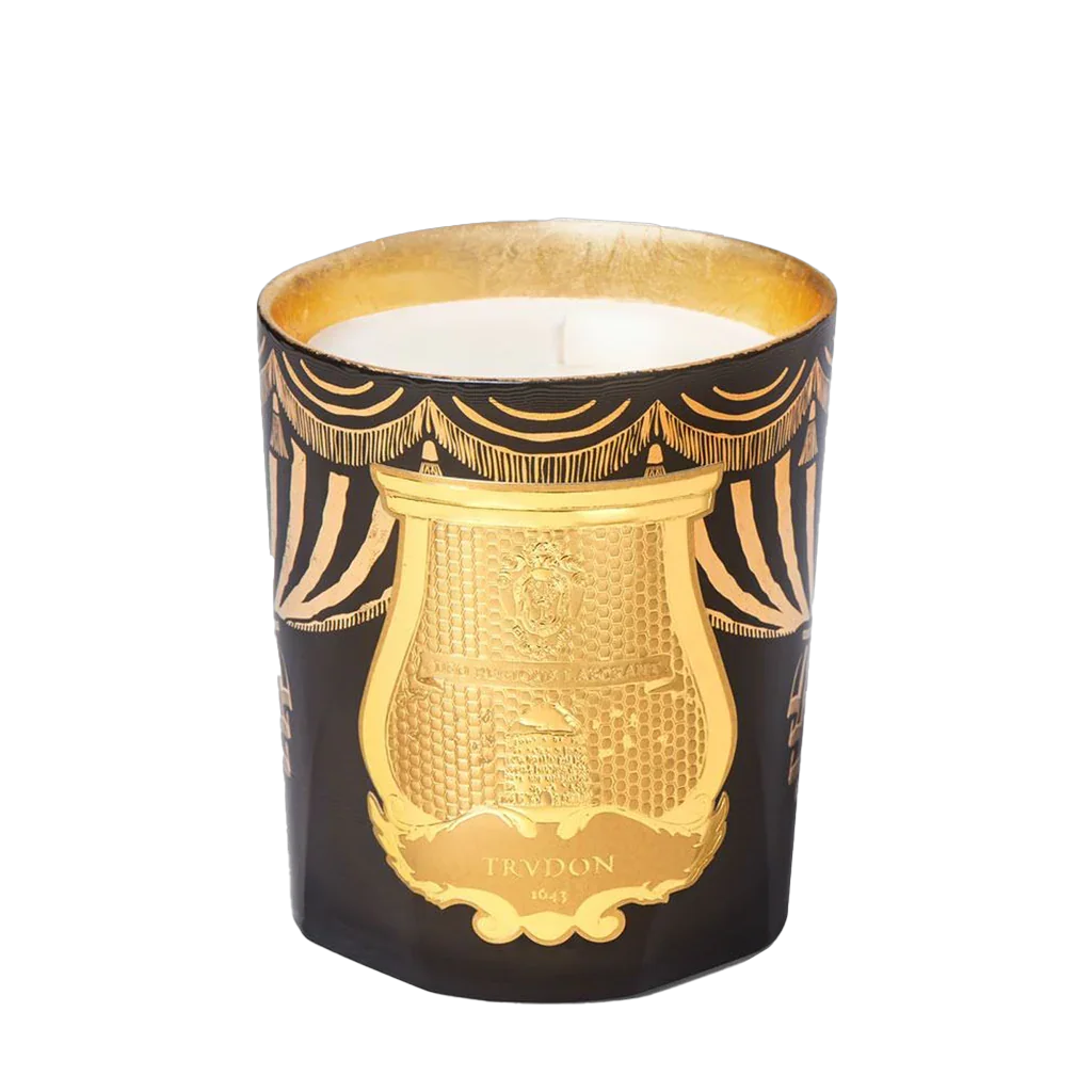 Schwarze Duftkerze "FIR" von Trudon, verziert mit einem goldenen Emblem und glänzender Oberfläche.