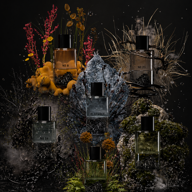 Fischersund Eau de Parfum Kollektion, mehrere Duftflakons kunstvoll inszeniert mit Natur- und Rauchelementen, mystisch und kontrastreich dargestellt, erhältlich bei scent amor.