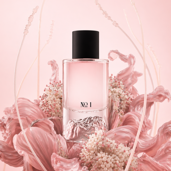 Fischersund Faux Flora No. 1 Birth Eau de Parfum, Flakon eingebettet in abstrakte roséfarbene Blütenkomposition, weich und künstlerisch inszeniert, erhältlich bei scent amor.