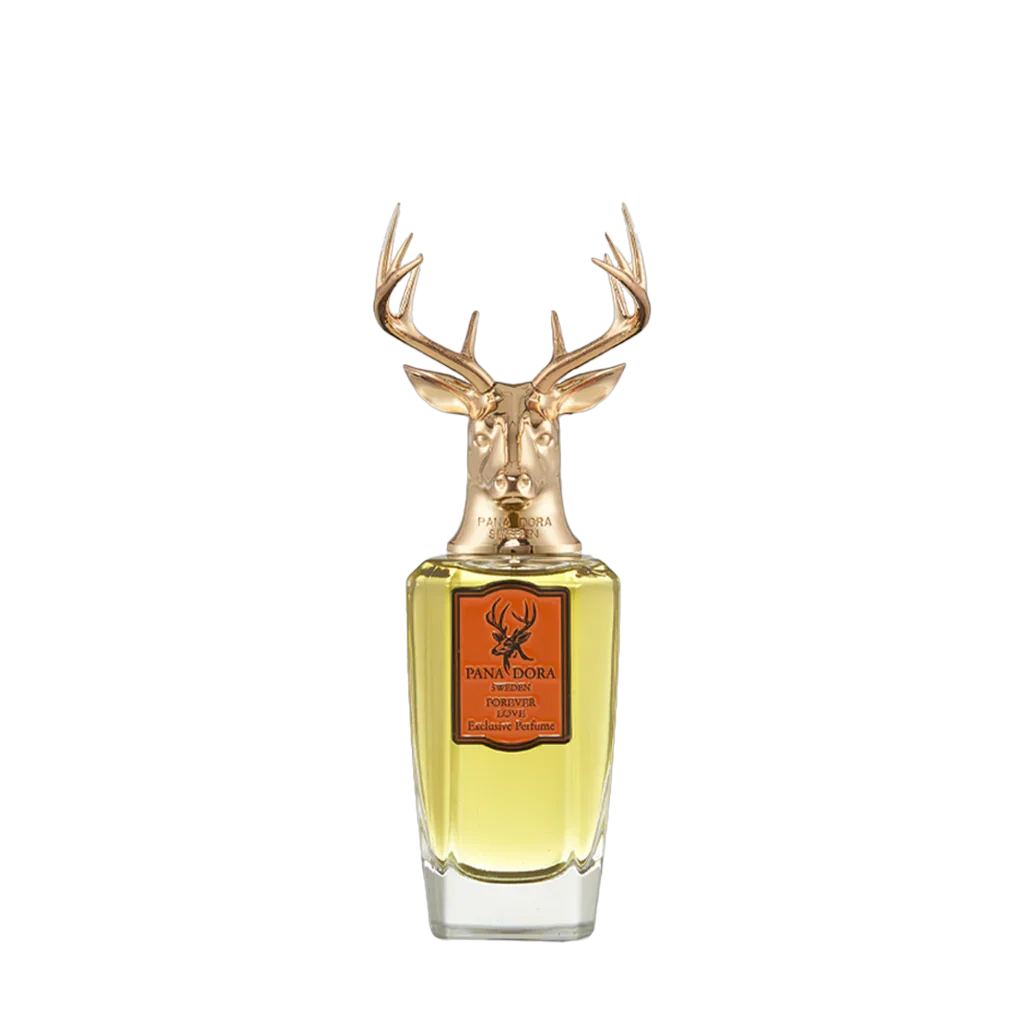 Parfümflasche "Forever Love" von Pana Dora, goldener Hirschkopfverschluss, gelbliche Flüssigkeit, elegantes Design.