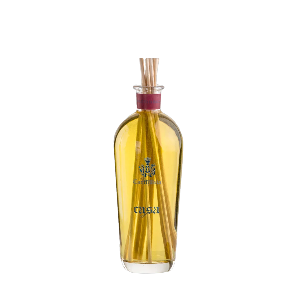Klarglas-Diffuserflasche mit gelber Flüssigkeit und Bambusstäben. Produktname: Frutto di Bacco Diffuser, Anbieter: Carthusia.