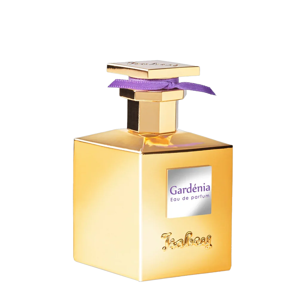 Rechteckige goldene Flasche mit quadratischem Deckel. "Gardenia Eau de Parfum" Etikett. Hersteller: Isabey.