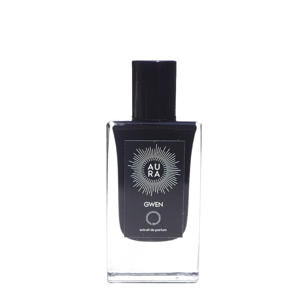 Schwarzes rechteckiges Parfümflakon "Gwen" von Aura Perfume mit weißem Logo und Aufschrift auf der Vorderseite.