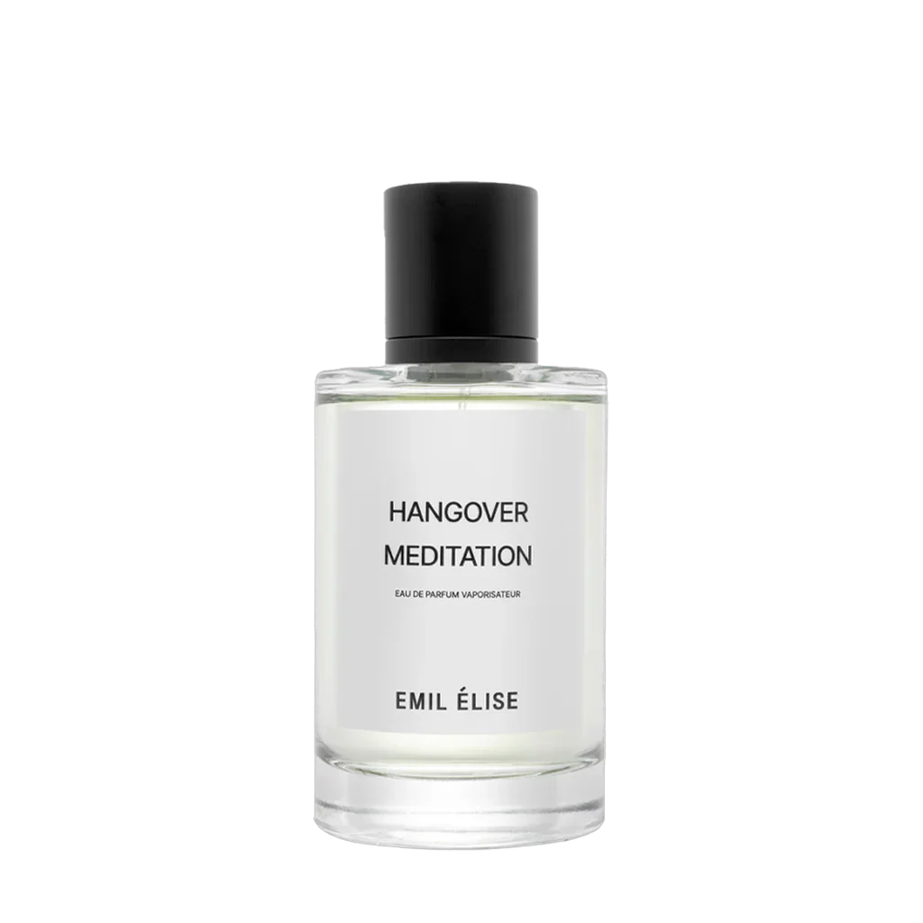 Klare Glasflasche mit schwarzem Verschluss, beschriftet mit "Hangover Meditation" und "Emil Élise".