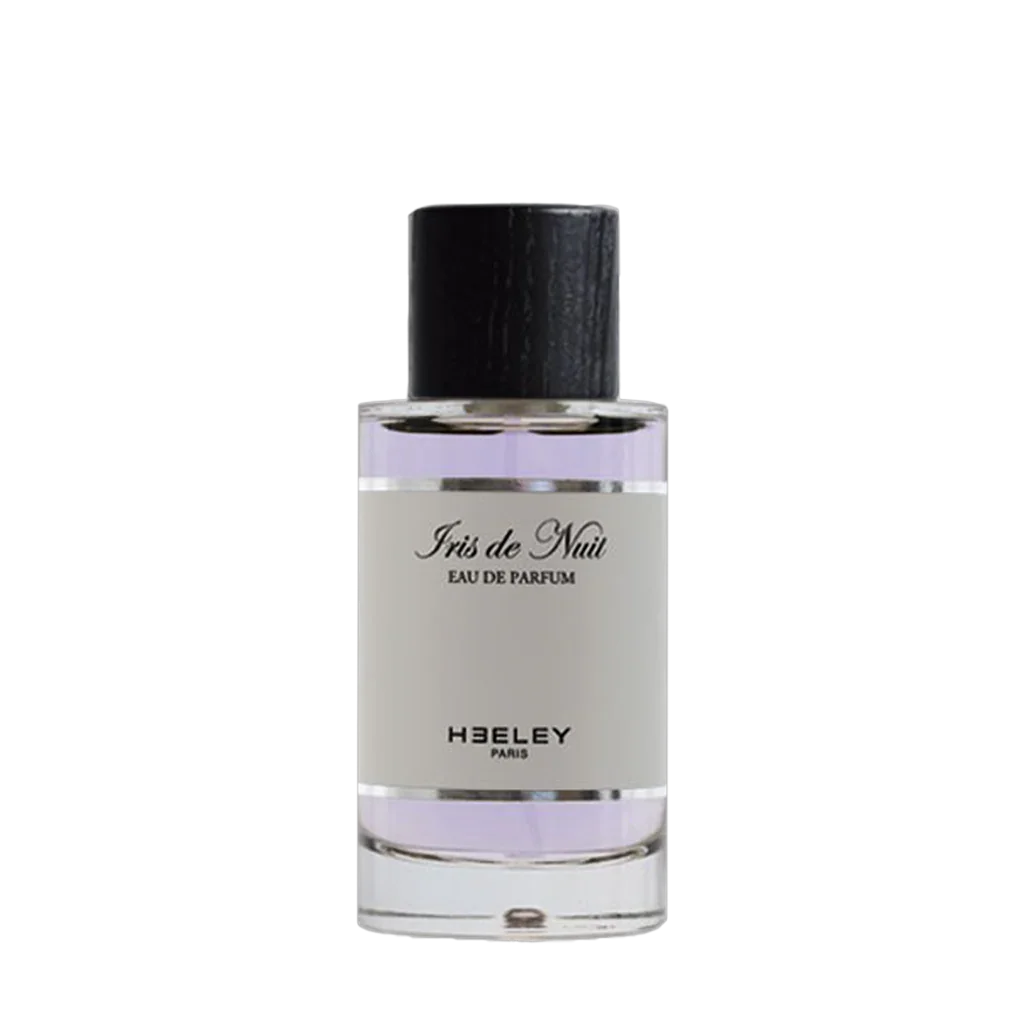 Parfümflakon "Iris de Nuit" von Heeley, 100 ml, mit schwarzem Verschluss und klarem, rechteckigem Glasdesign.