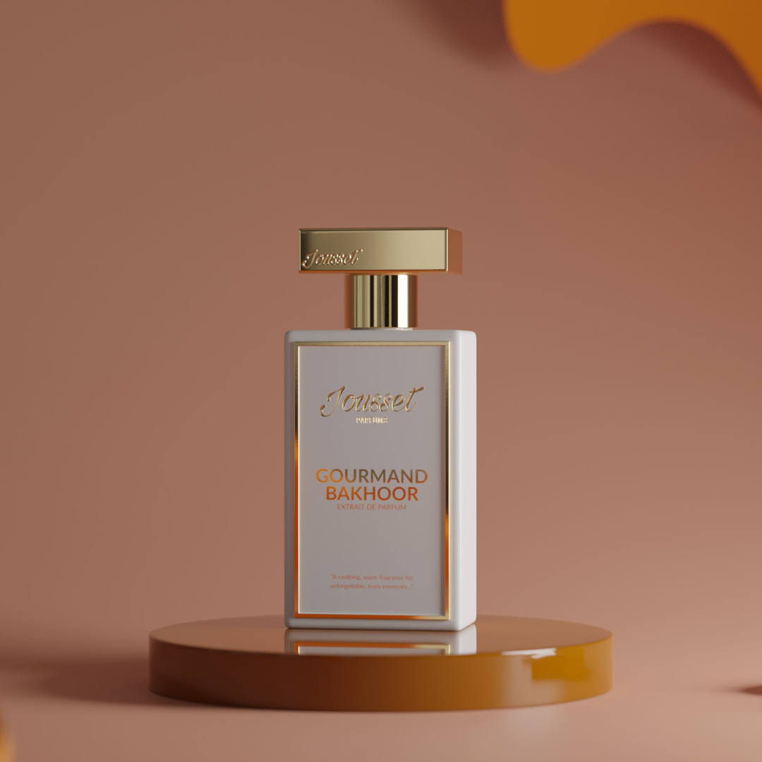 Jousset Parfums Gourmand Bakhoor Extrait de Parfum – Flakon auf Podest, kunstvoll und luxuriös präsentiert bei scent amor