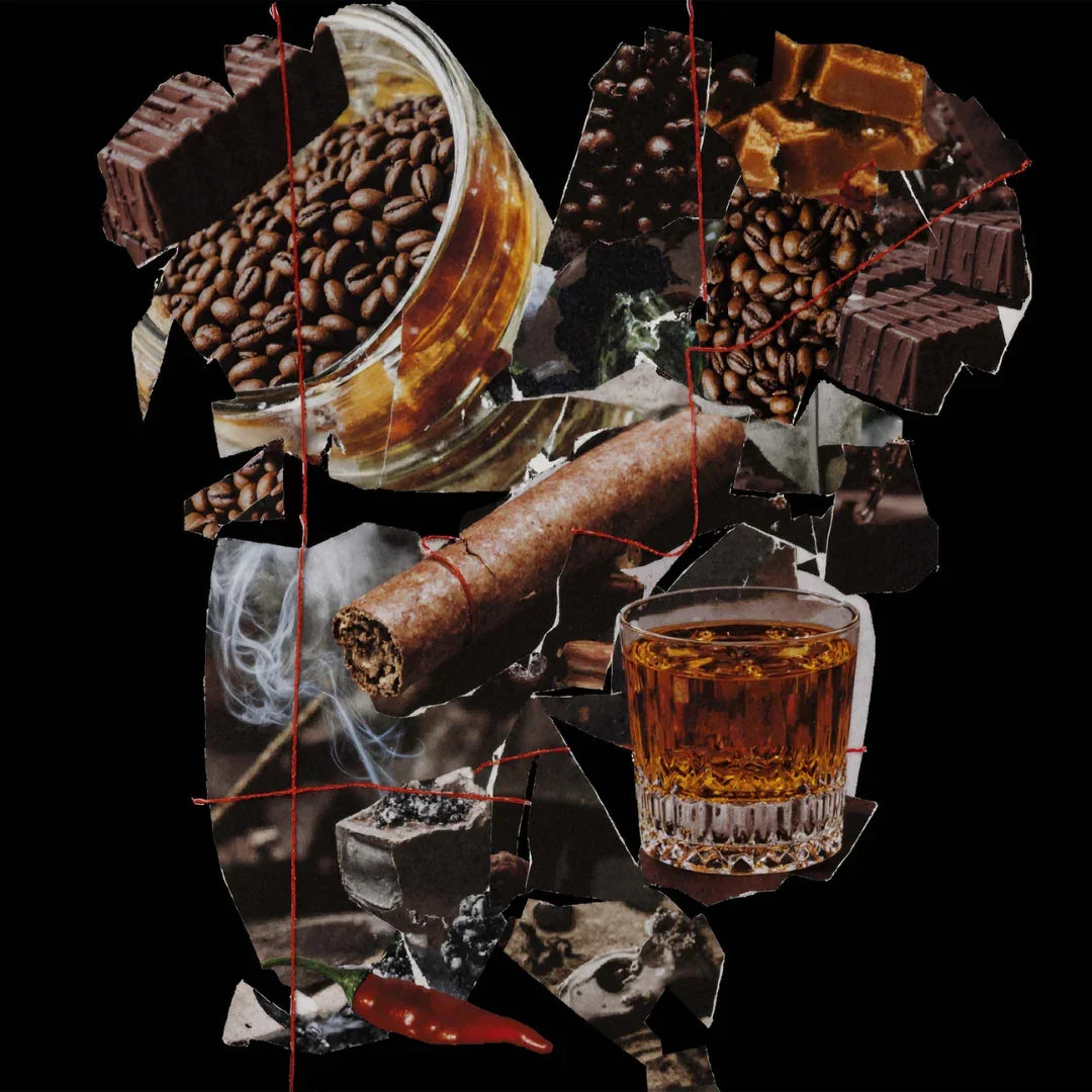 dunkle Collage aus Kaffee, Zigarre, Whisky und Schokolade durchzogen von Rauch und rotem Faden als moodbild für das eau de parfum dorian's spleen von l'entropiste