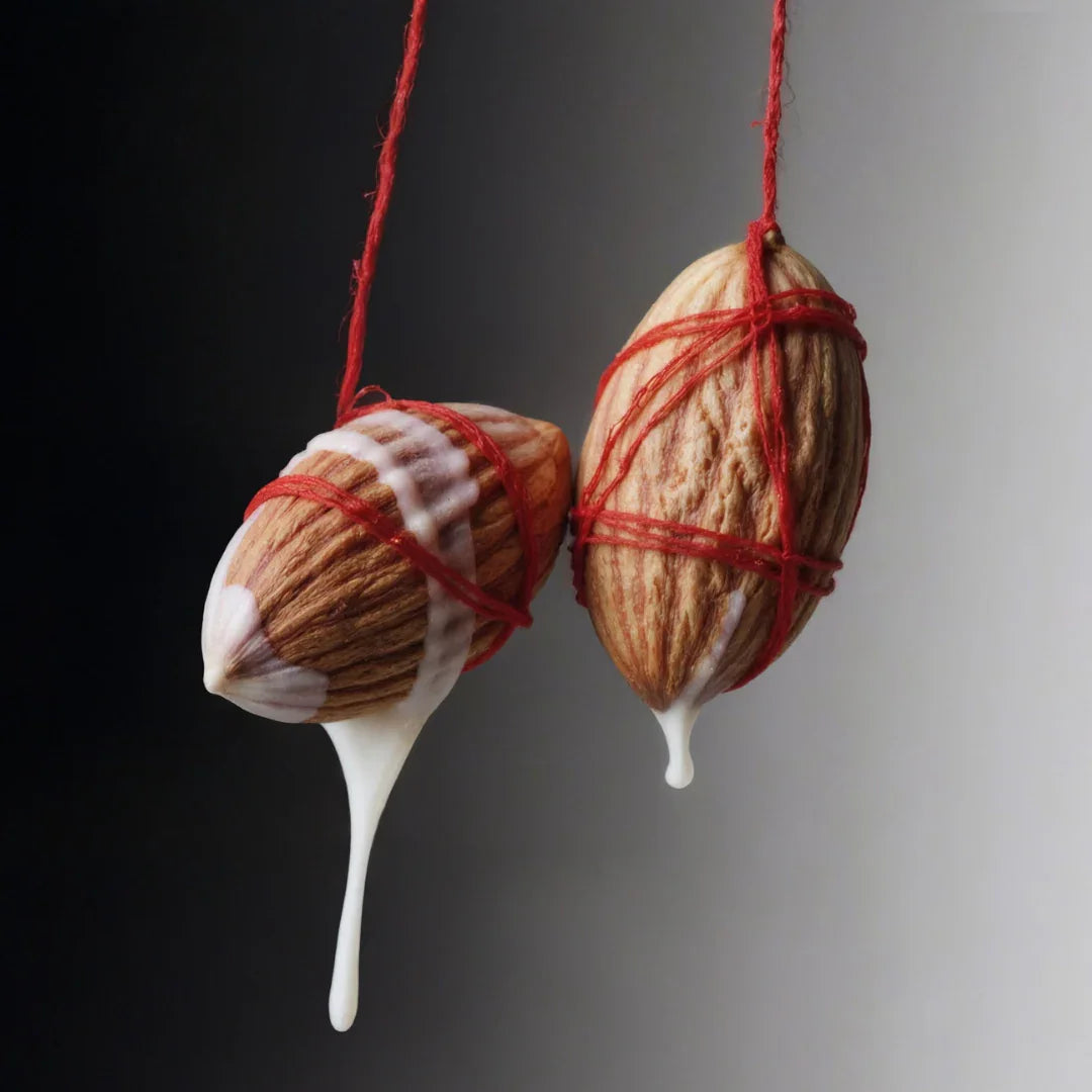 Zwei Mandeln, mit rotem Faden umwickelt, aus denen cremige Flüssigkeit tropft als moodbild für das eau de parfum semence douce von l'entropiste