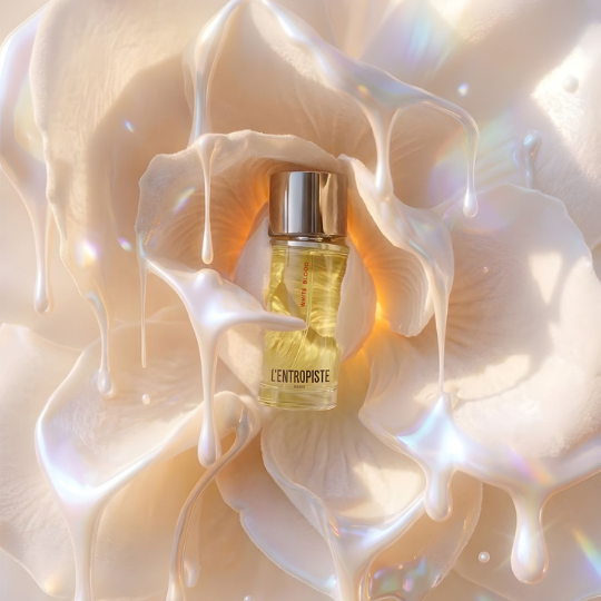 L’Entropiste White Blood Eau de Parfum, Flakon eingebettet in cremige Blütenstruktur mit milchigen Texturen, sanft und avantgardistisch inszeniert, erhältlich bei scent amor.