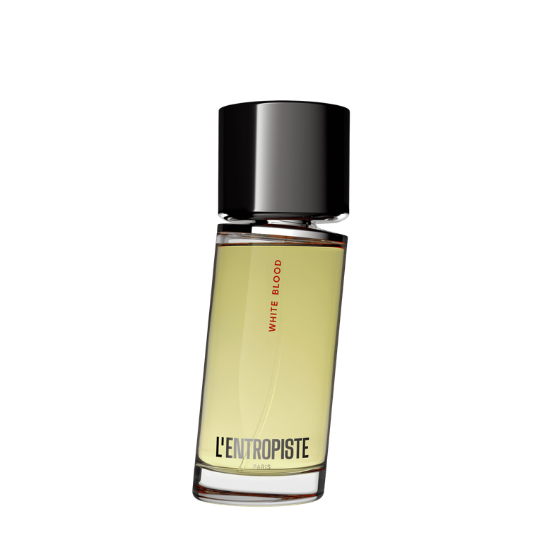 L’Entropiste White Blood Eau de Parfum, minimalistischer Flakon mit klarer Flüssigkeit und schwarzer Kappe, moderner Nischenduft, erhältlich bei scent amor.