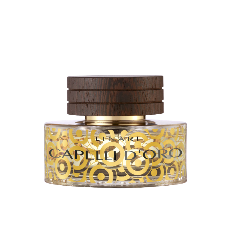 Linari Capelli d’Oro Eau de Parfum, luxuriöser Duftflakon mit goldenen Ornamenten und Holzdeckel, warm und elegant, erhältlich bei scent amor.
