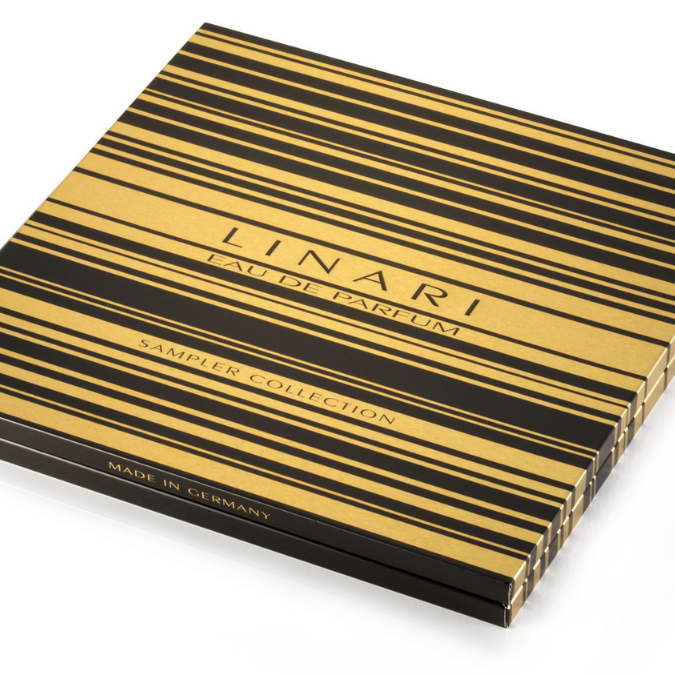 Linari Discovery Set Eau de Parfum, hochwertige Box mit goldenen Streifen im Detail gezeigt, modern und edel inszeniert, erhältlich bei scent amor.