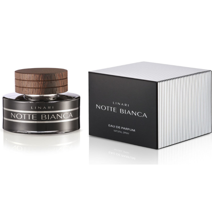 Linari Notte Bianca Eau de Parfum, eleganter Parfumflakon neben Verpackung im modernen Design, minimalistisch und hochwertig präsentiert, erhältlich bei scent amor.