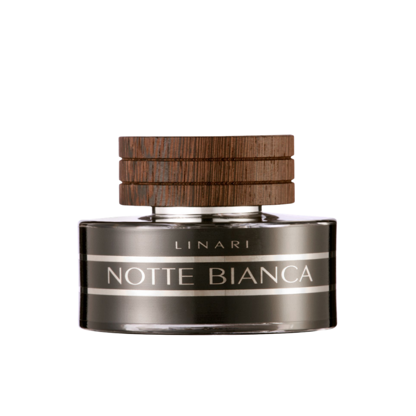Linari Notte Bianca Eau de Parfum, dunkler Duftflakon mit minimalistischer Typografie und Holzdeckel, modern und sinnlich, erhältlich bei scent amor.