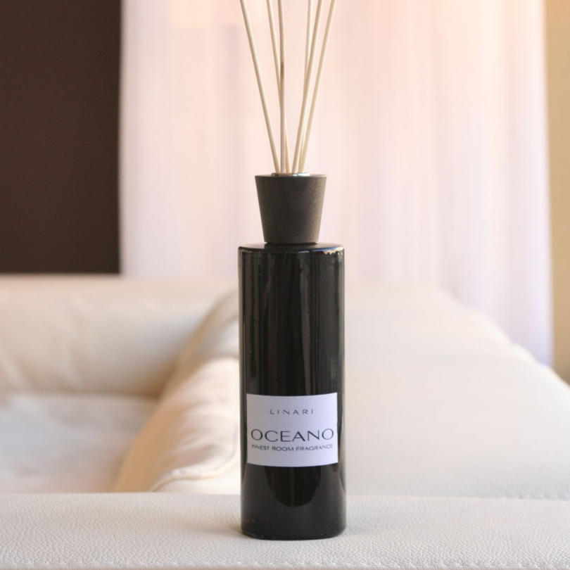 Linari Oceano Diffuser, dunkler Raumduft-Flakon mit Duftstäbchen in Nahaufnahme, minimalistisch und hochwertig gestaltet, erhältlich bei scent amor.