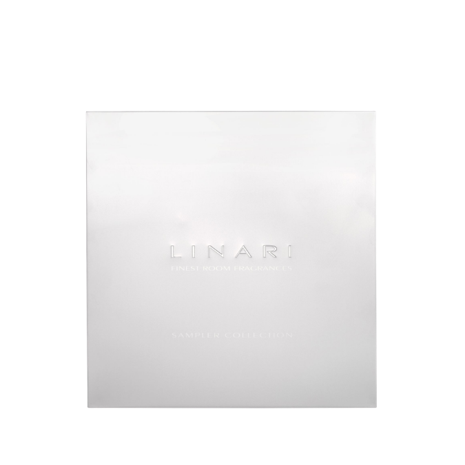 Linari Sampler Collection Room Fragrance, elegante weiße Box mit geprägtem Logo minimalistisch dargestellt, erhältlich bei scent amor.