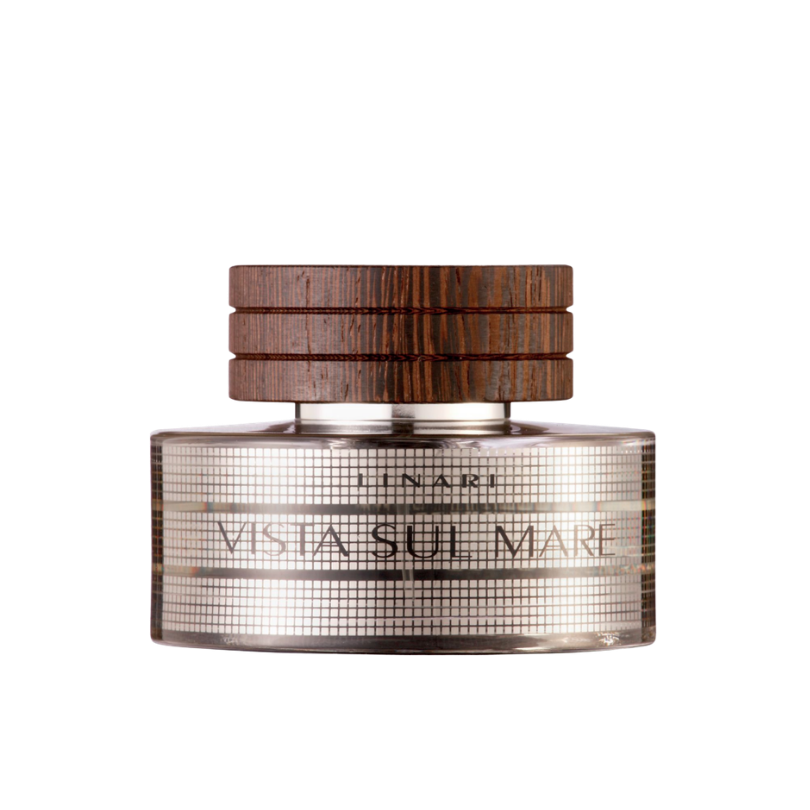 Linari Vista Sul Mare Eau de Parfum, eleganter Duftflakon mit silbernem Rasterdesign und Holzdeckel, frisch und modern, erhältlich bei scent amor.
