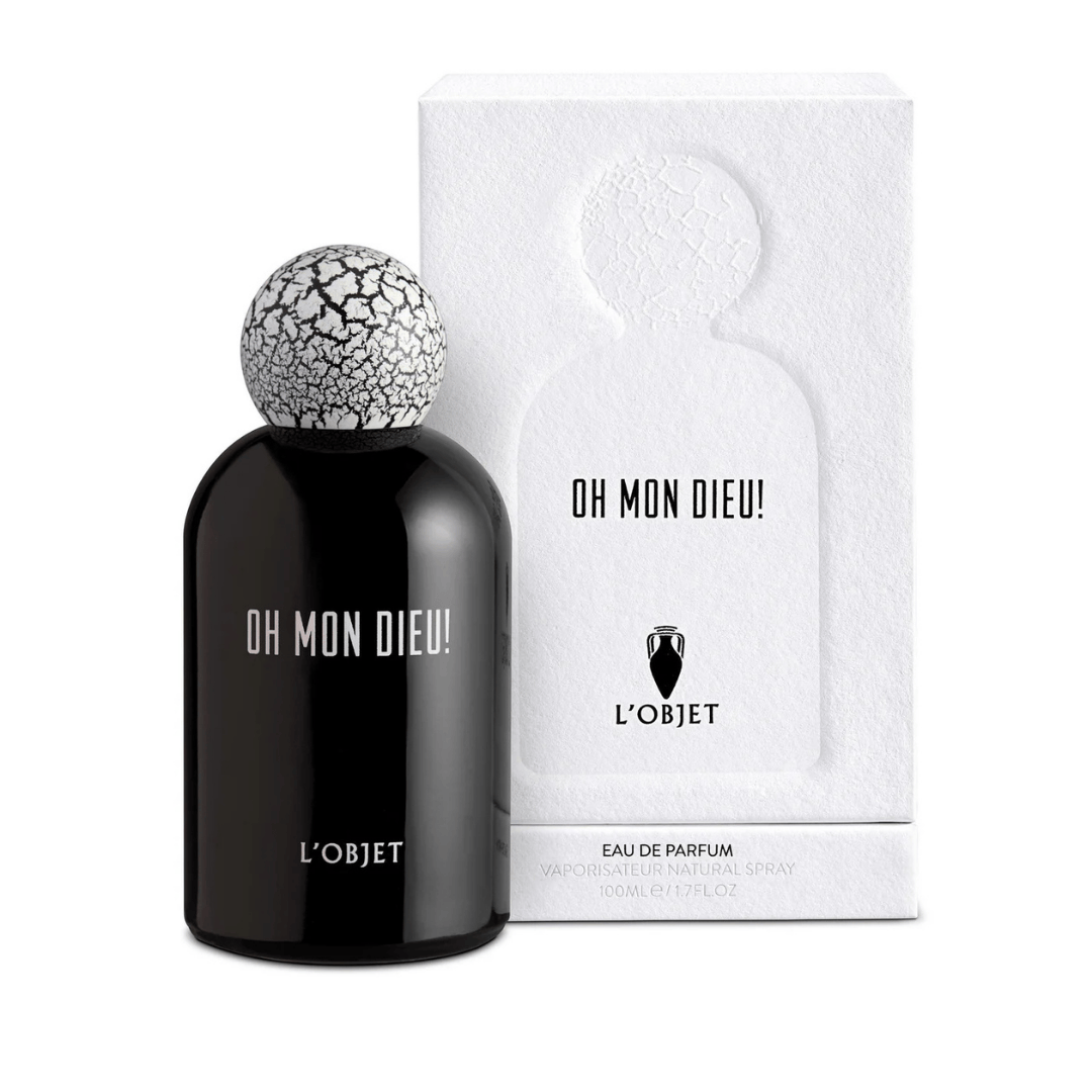 L’Objet Oh Mon Dieu! Eau de Parfum, luxuriöser schwarzer Flakon mit weißer Box, ein ikonischer Duft zwischen Verführung und Eleganz, erhältlich bei scent amor.
