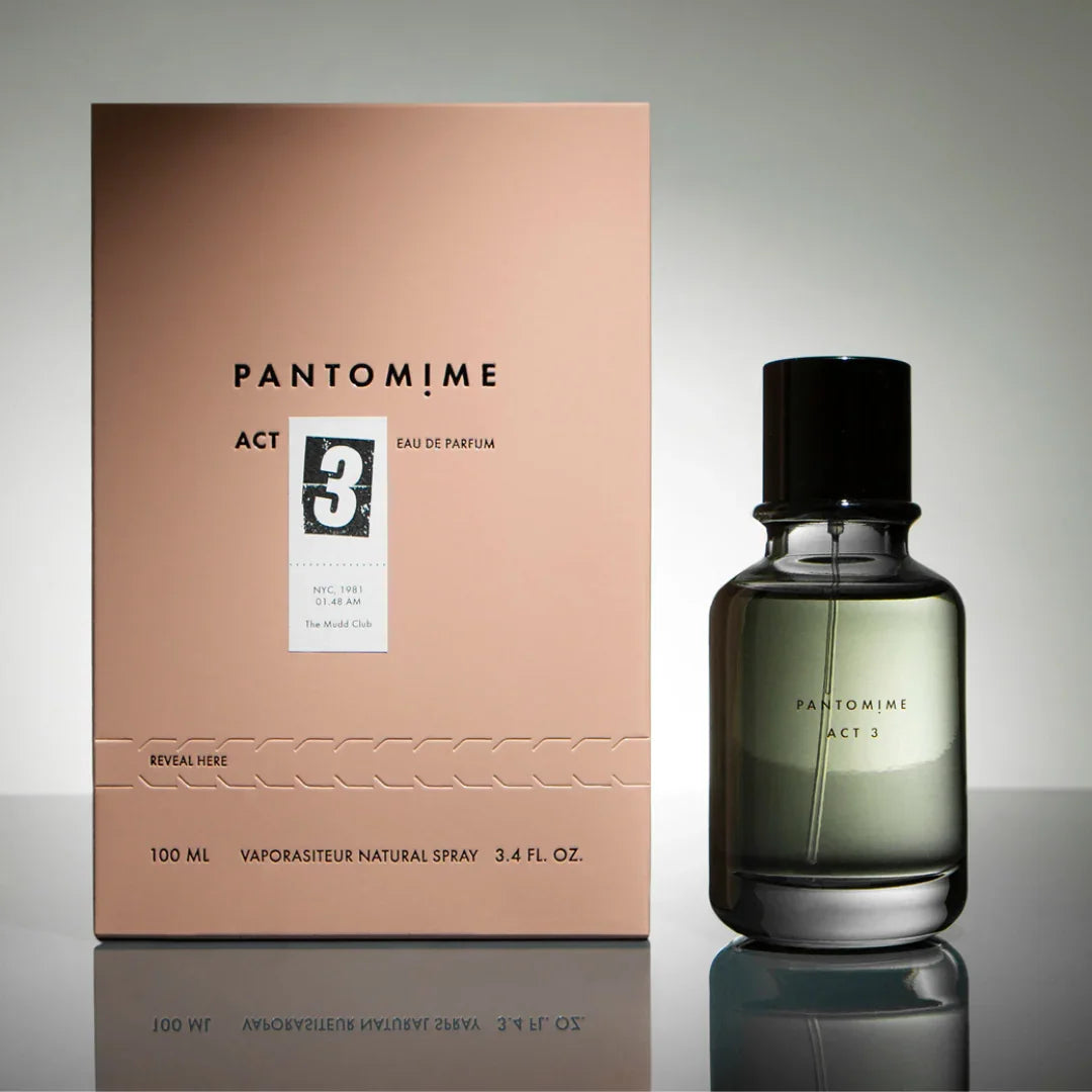 Pantomime ACT III Eau de Parfum – Flakon und Verpackung im minimalistischen, monochromen Design