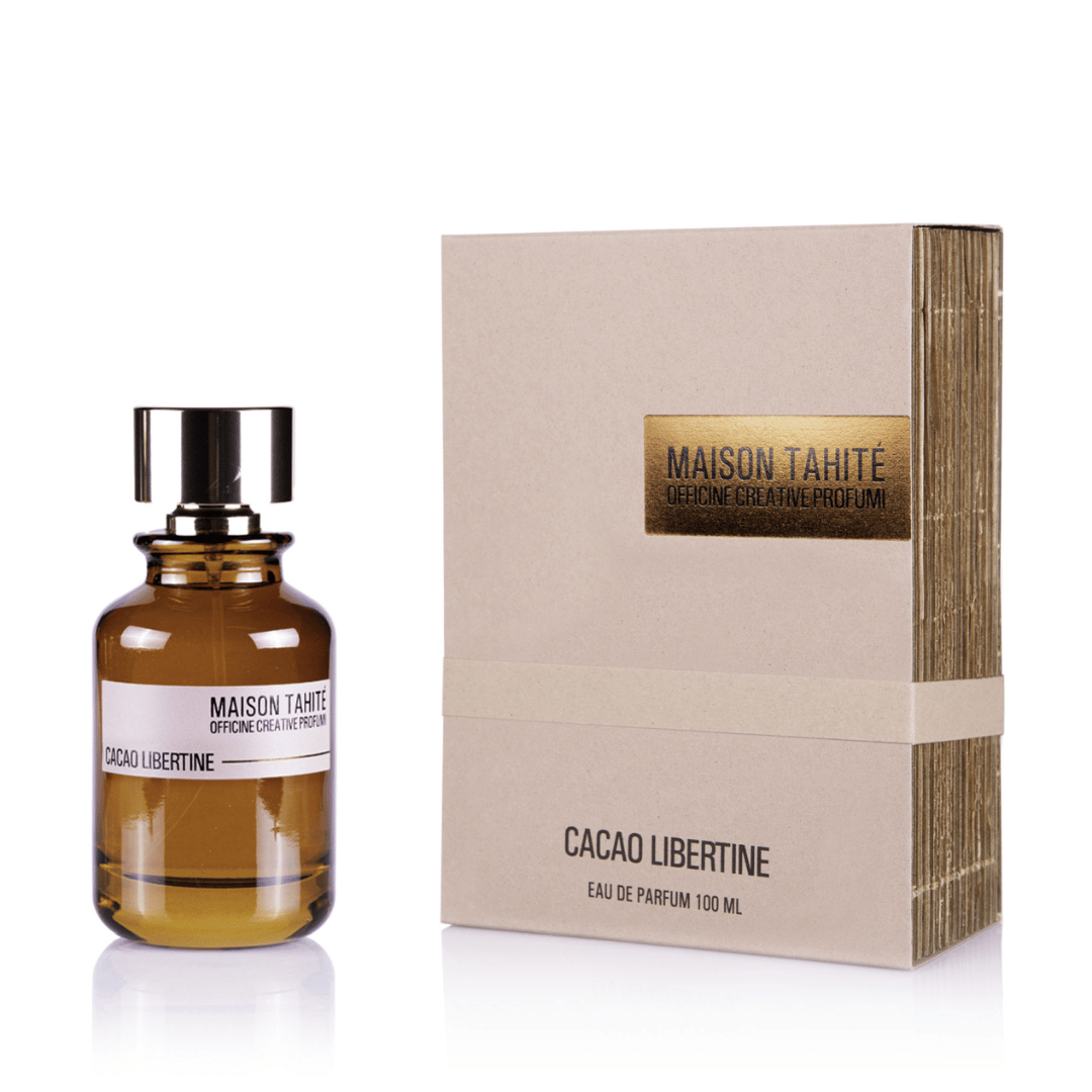 Maison Tahité Cacao Libertine Eau de Parfum – Flakon neben der Box, elegante Präsentation eines charaktervollen Nischenparfums bei scent amor