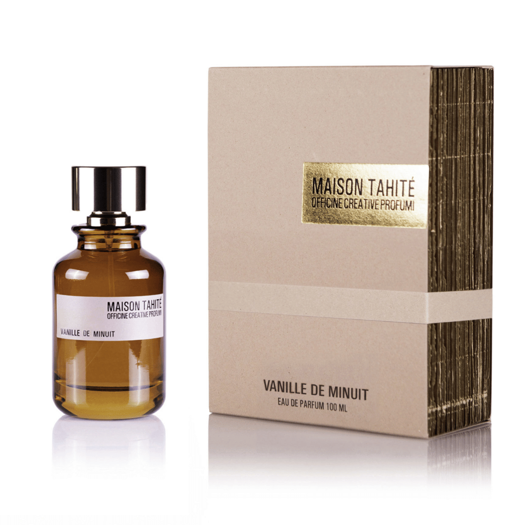 Maison Tahité Vanille de Minuit Eau de Parfum – Flakon neben der Box, elegante Präsentation eines charaktervollen Nischenparfums bei scent amor