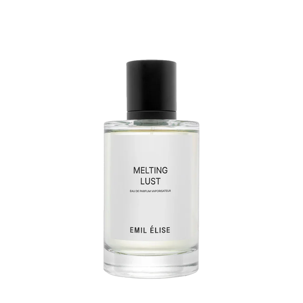 Parfümflakon mit transparentem Glas, schwarzem Deckel und der Aufschrift "MELTING LUST" von Emil Élise.