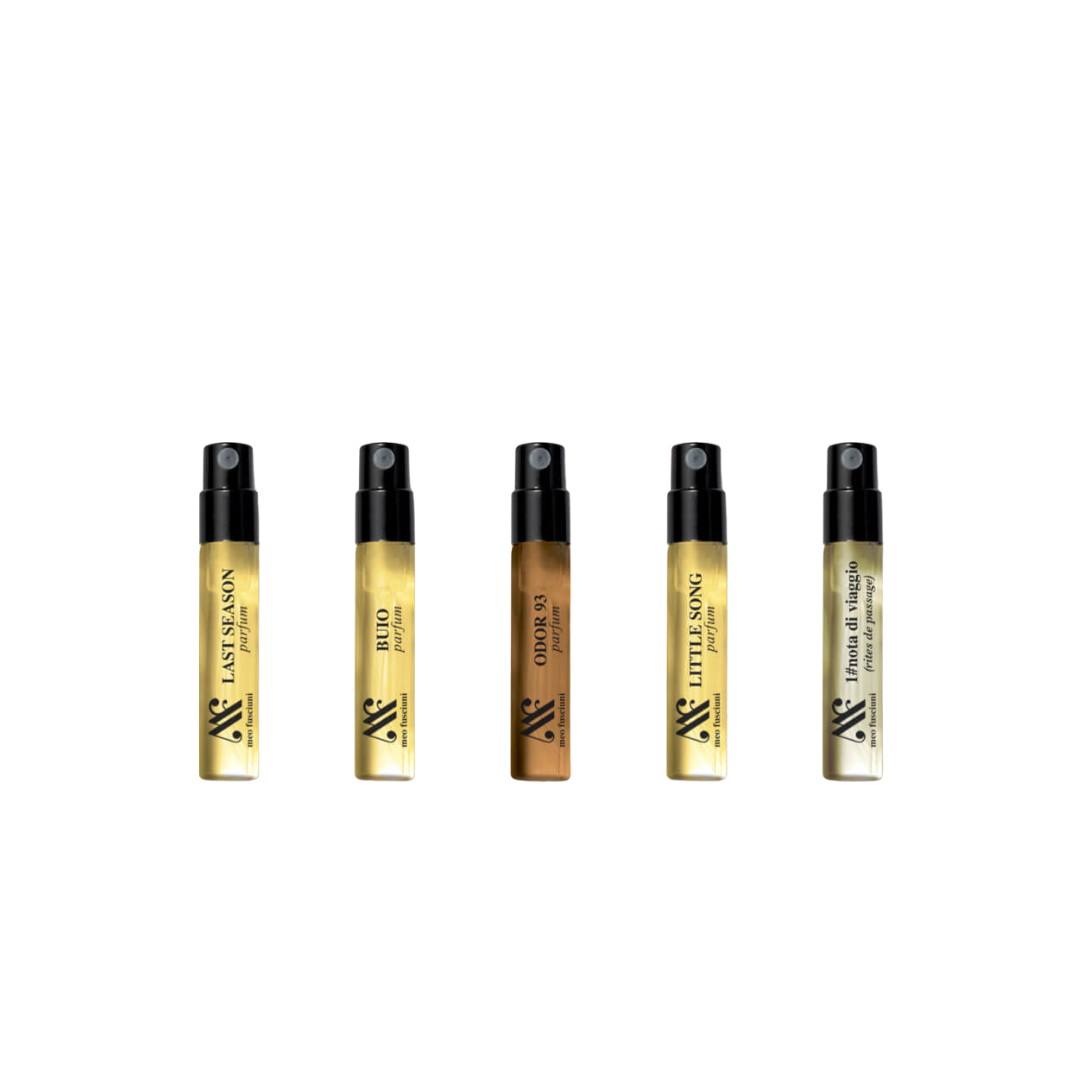 freigestellte Spray-Vials aus dem Discovery Set Dark Parfum von Meo Fusciuni, Auswahl dunkler, intensiver und charakterstarker Nischendüfte, erhältlich bei scent amor.