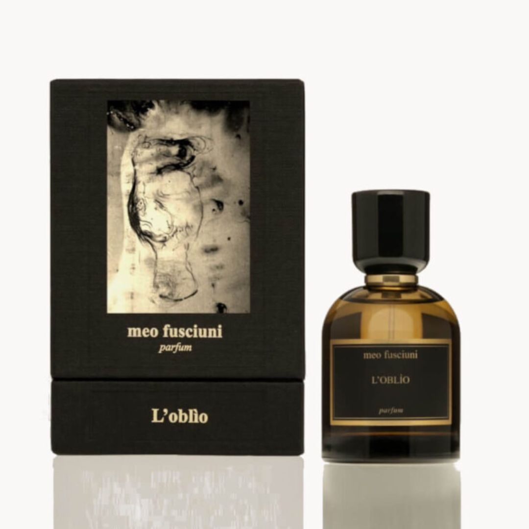 Box und Flakon von dem Eau de Parfum L’Oblio von Meo Fusciuni, poetischer Nischenduft mit tiefer Harzigkeit und stiller Melancholie, erhältlich bei scent amor.
