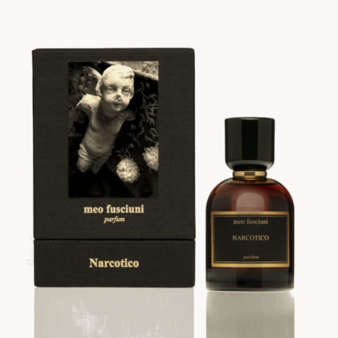 Box und Flakon von dem Eau de Parfum Narcotico von Meo Fusciuni, intensiver Nischenduft mit dunkler Sinnlichkeit und künstlerischer Tiefe, erhältlich bei scent amor.